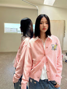 MEDM Floral Embroidered Knit Cardigan in Pink - On Female Model