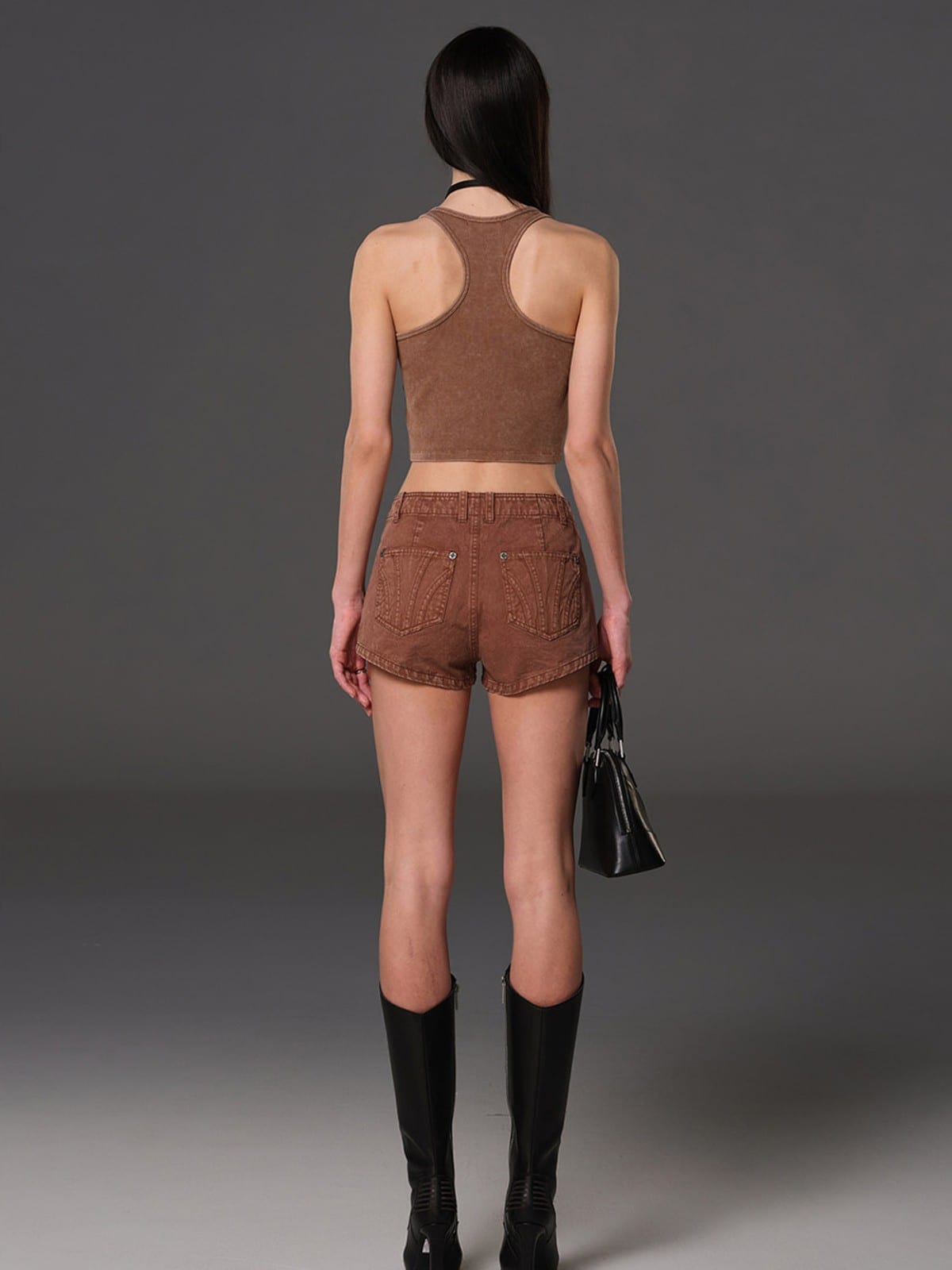 SMFK Vintage Cotton Cargo Mini Shorts in Brown - On Female Model
