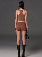 SMFK Vintage Cotton Cargo Mini Shorts in Brown - On Female Model