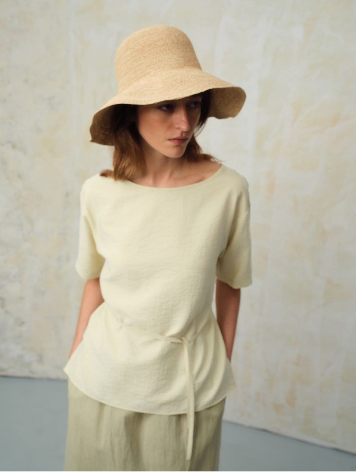 TEASEL Crinkled Silk Blend Shirt Pants Set in Beige - On Female Model