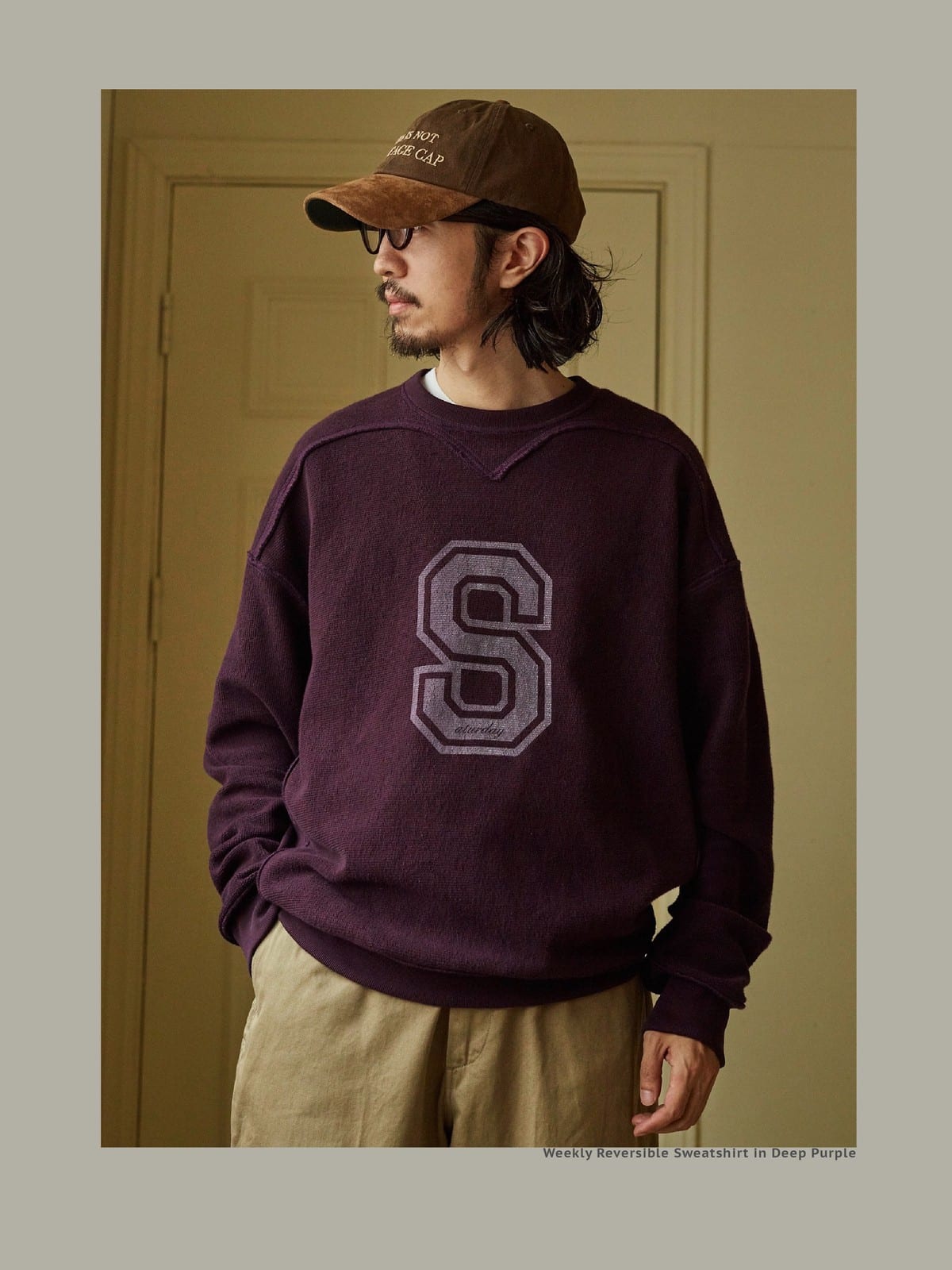 USAGE Reversible Cotton Crewneck Sweatshirt in Purple - On Male Model