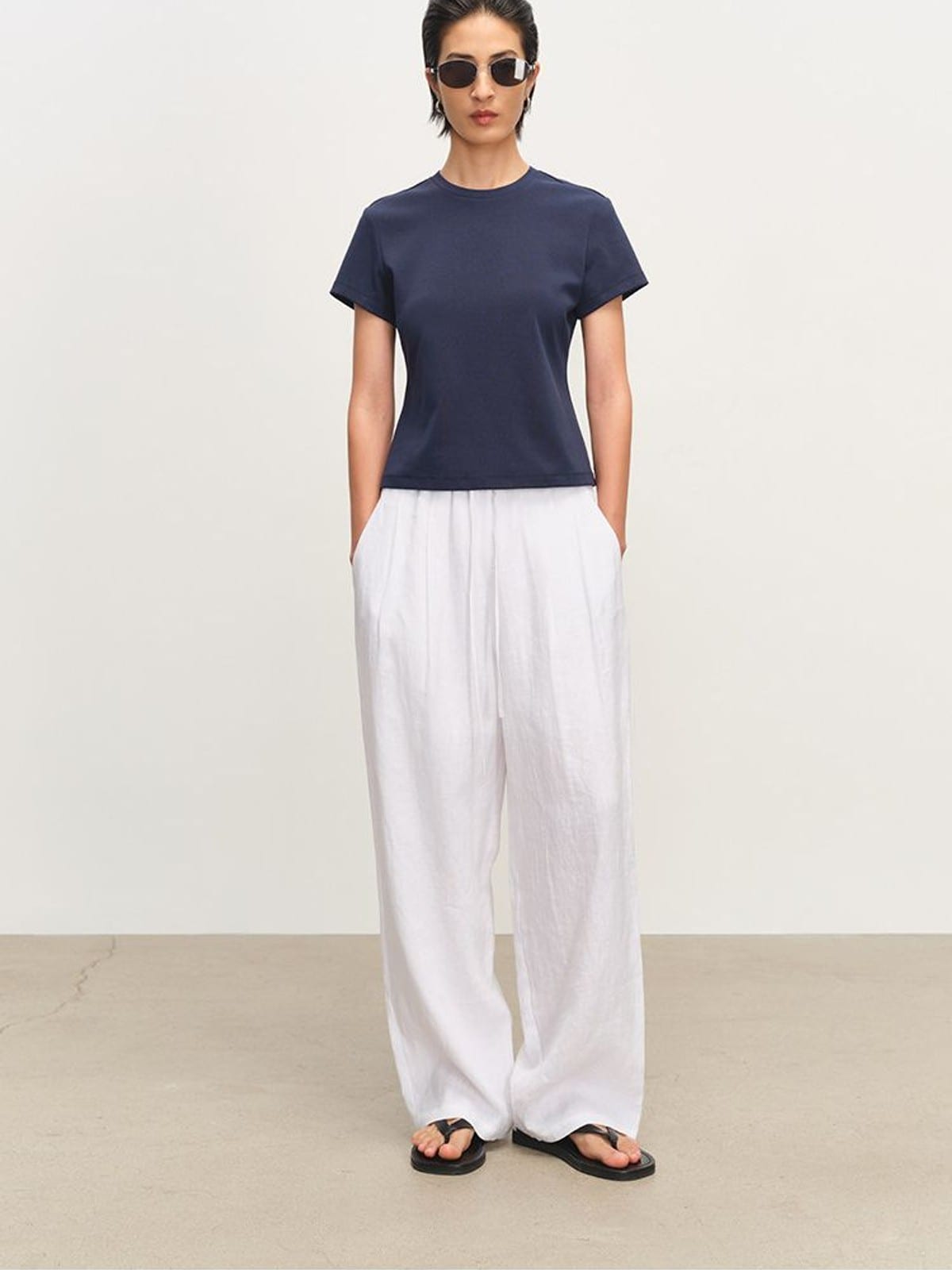 MSBEAST Cotton Blend Tapered Waist T Shirt in Navy Blue - On Female Model