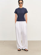MSBEAST Cotton Blend Tapered Waist T Shirt in Navy Blue - On Female Model