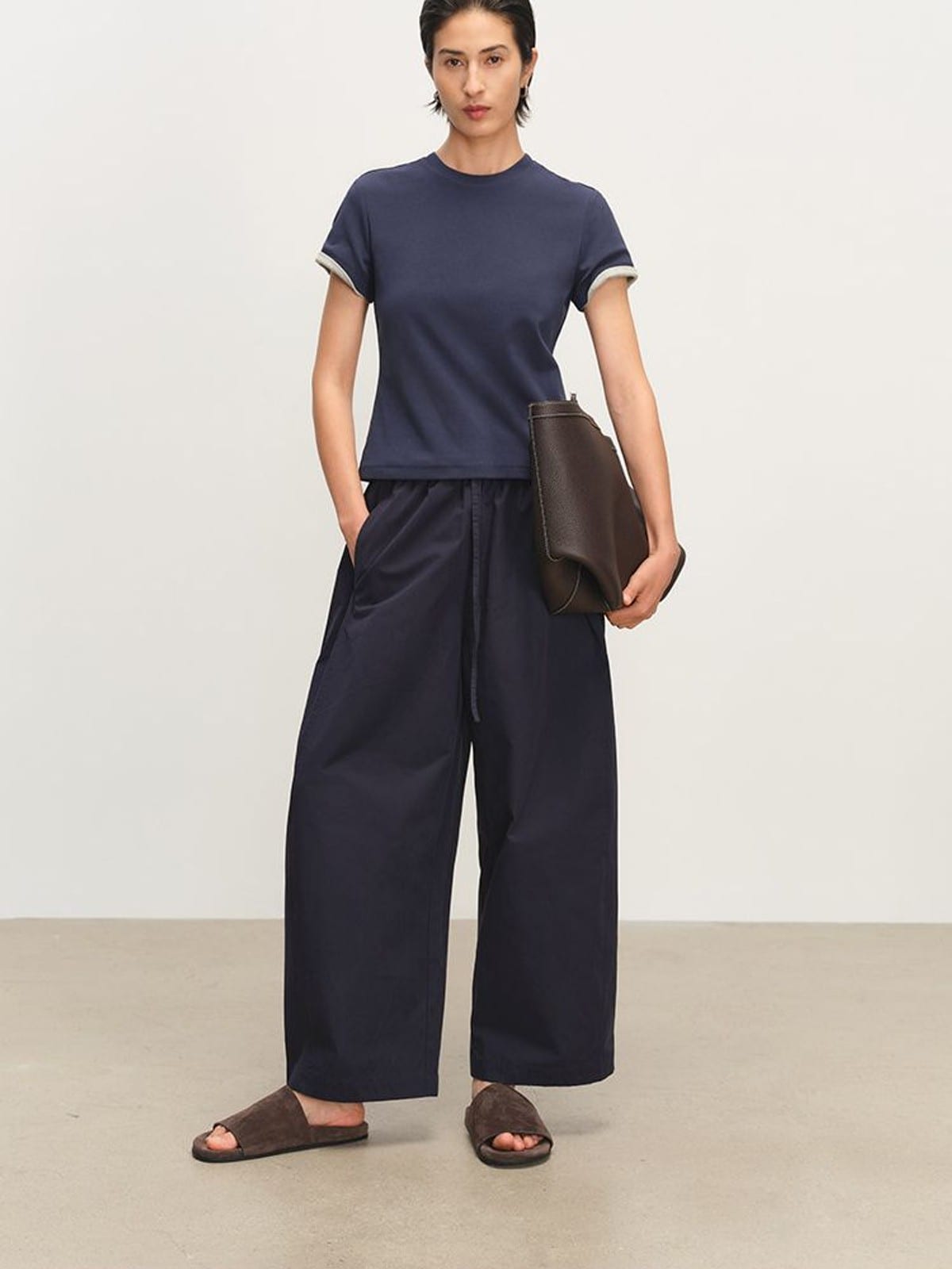 MSBEAST Cotton Blend Tapered Waist T Shirt in Navy Blue - On Female Model