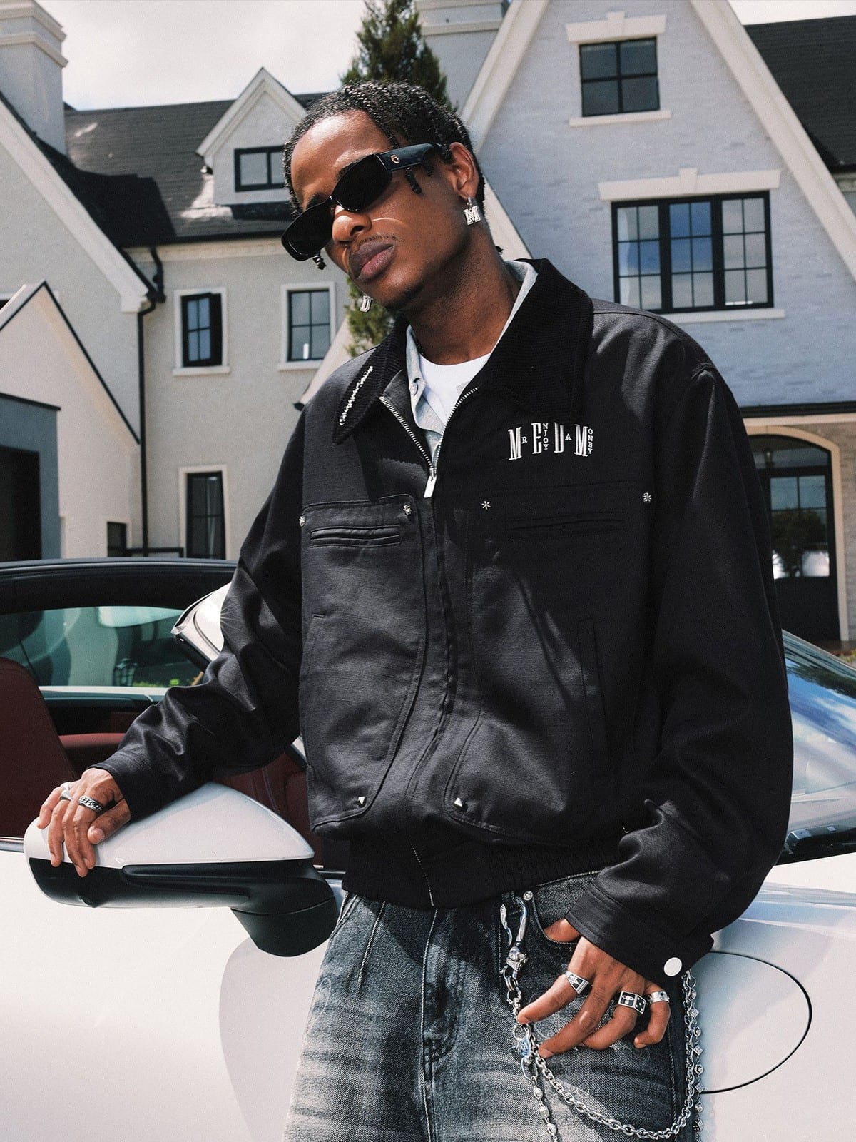 MEDM Embroidered Harrington Jacket in Black - On Male Model
