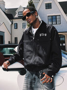 MEDM Embroidered Harrington Jacket in Black - On Male Model