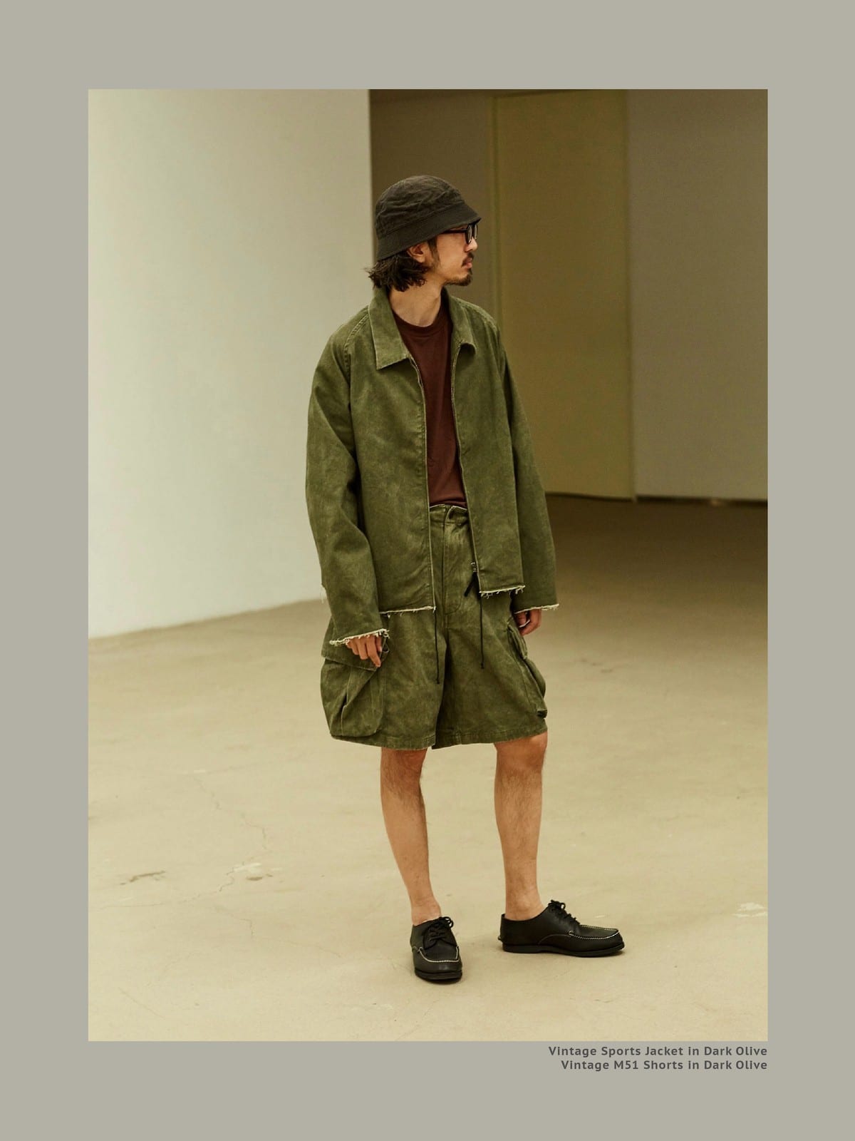 USAGE Vintage Washed Cotton Sports Jacket in Olive - On Male Model