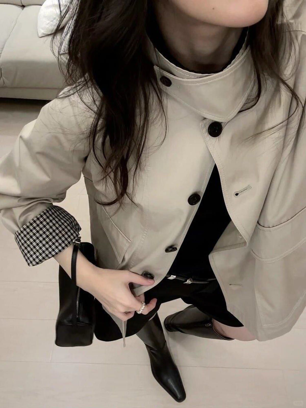 Venus Cropped Cotton Twill Barn Jacket in Beige - On Female Model