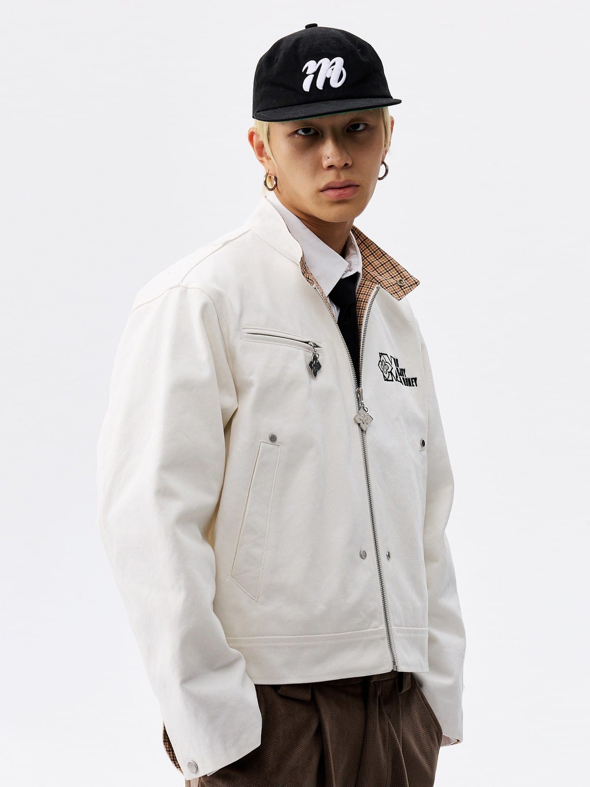 MEDM Plaid Collar Cotton Zip Up Jacket in White - On Male Model