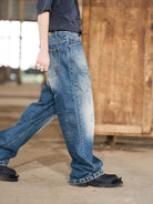 BLINDNOPLAN Distressed Dark Wash Straight Jeans in Blue - On Model