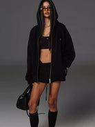 SMFK Cotton Wool Oversized Zip Up Hoodie in Black - On Female Model