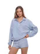 SweetChilling Striped Long Sleeve Polo Top in Light Blue - On Female Model