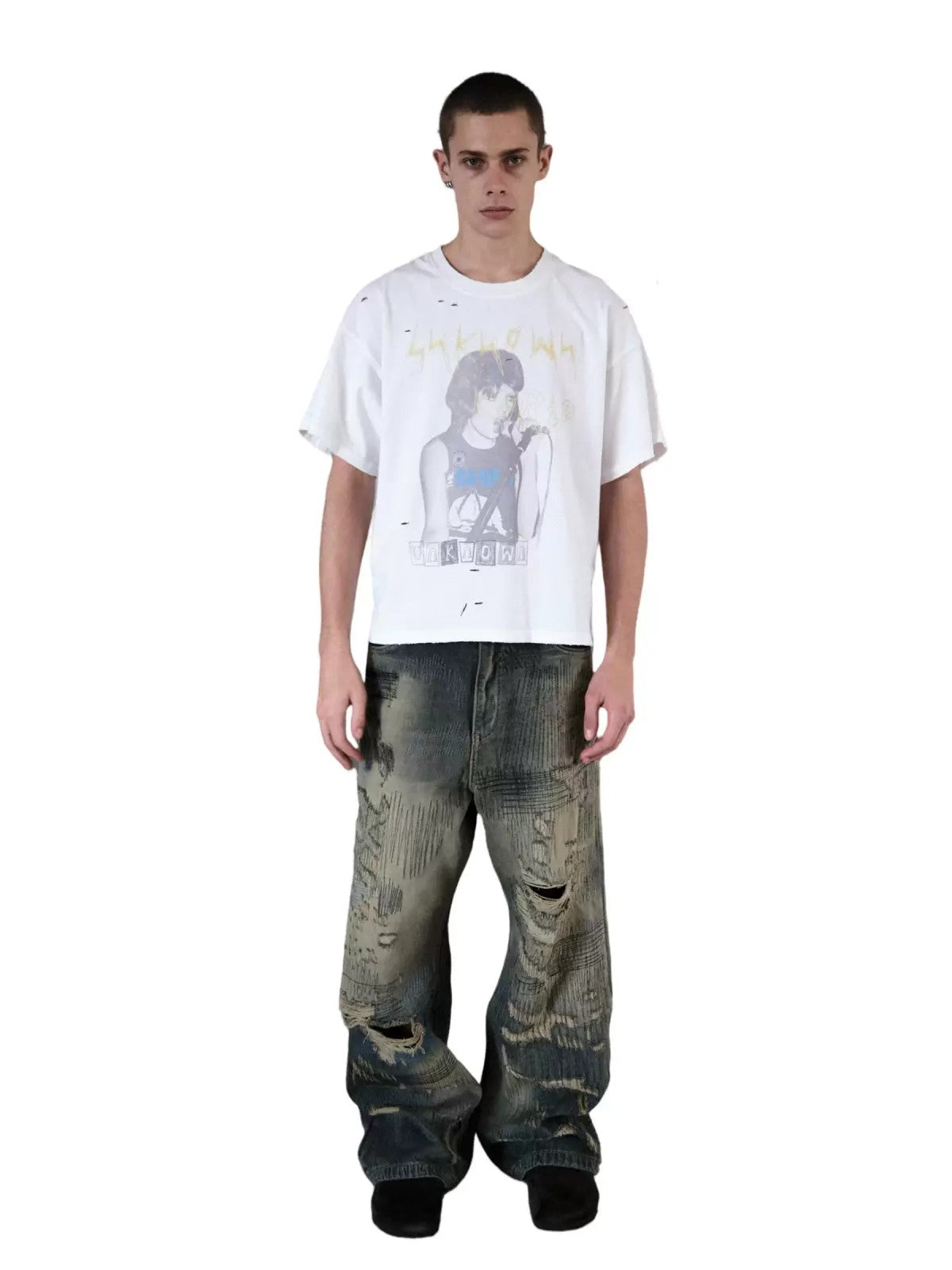 UNKNOWNWORLD Heavyweight Distressed Wide Leg Jeans in Denim - On Male Model