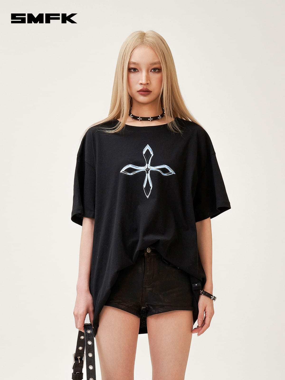 SMFK Cross Graphic Cotton T Shirt in Black - On Female Model