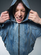 BLINDNOPLAN Mud Dyed Ink Splash Masked Hooded Jacket in Blue - On Male Model