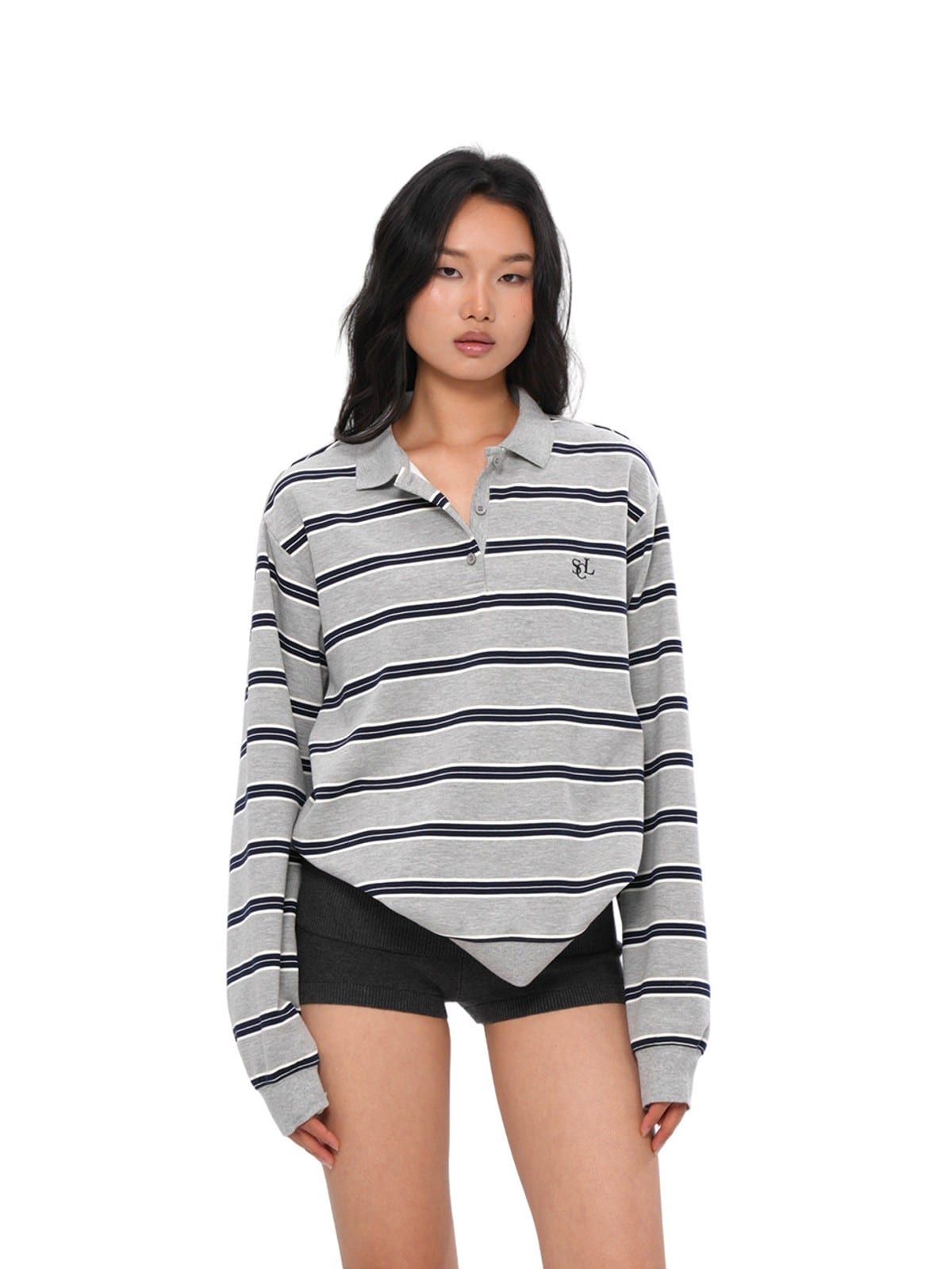 SweetChilling Striped Long Sleeve Polo Shirt in Gray - On Female Model