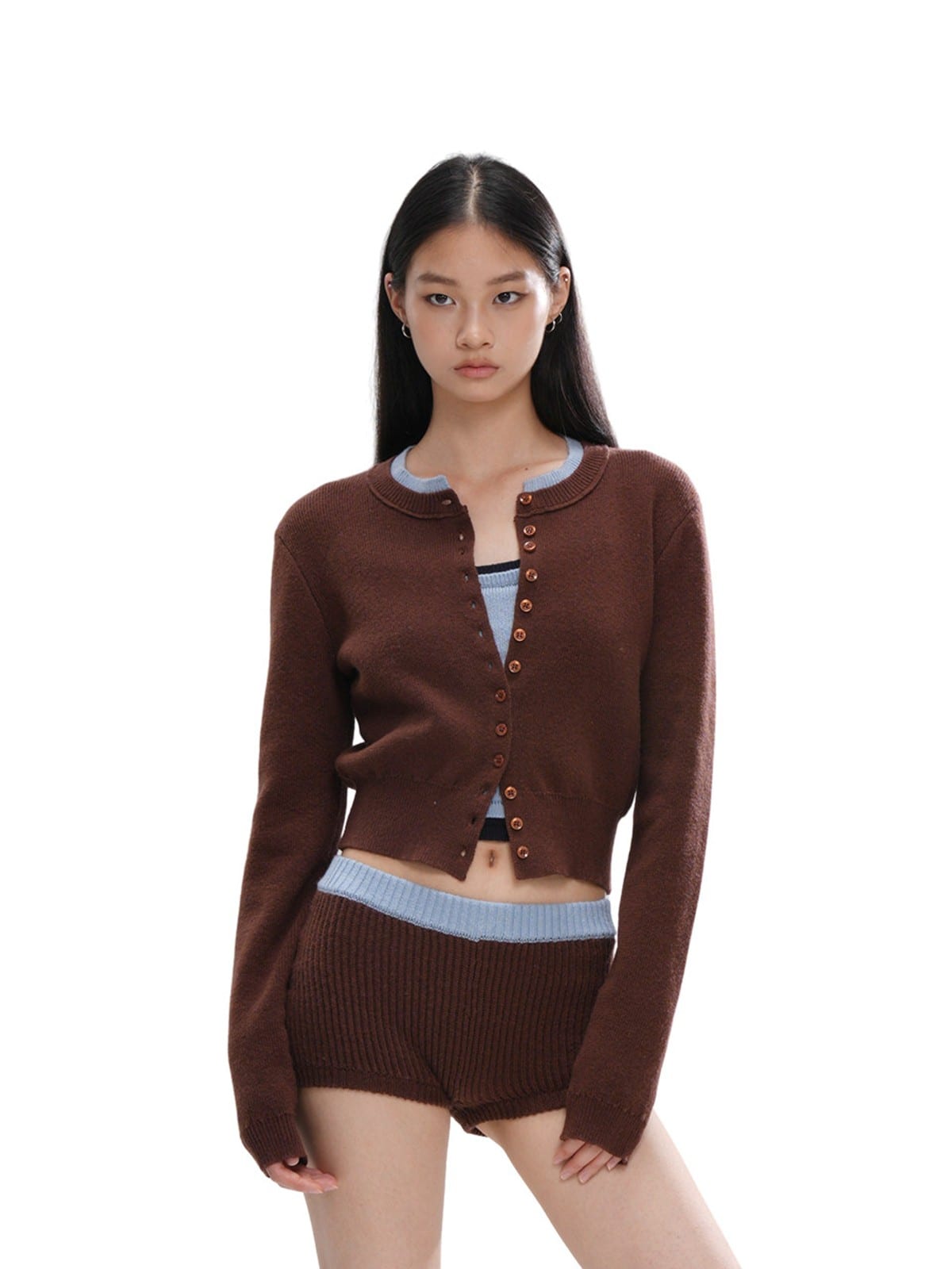 SweetChilling Colorblock Ribbed Knit Shorts in Brown - On Female Model