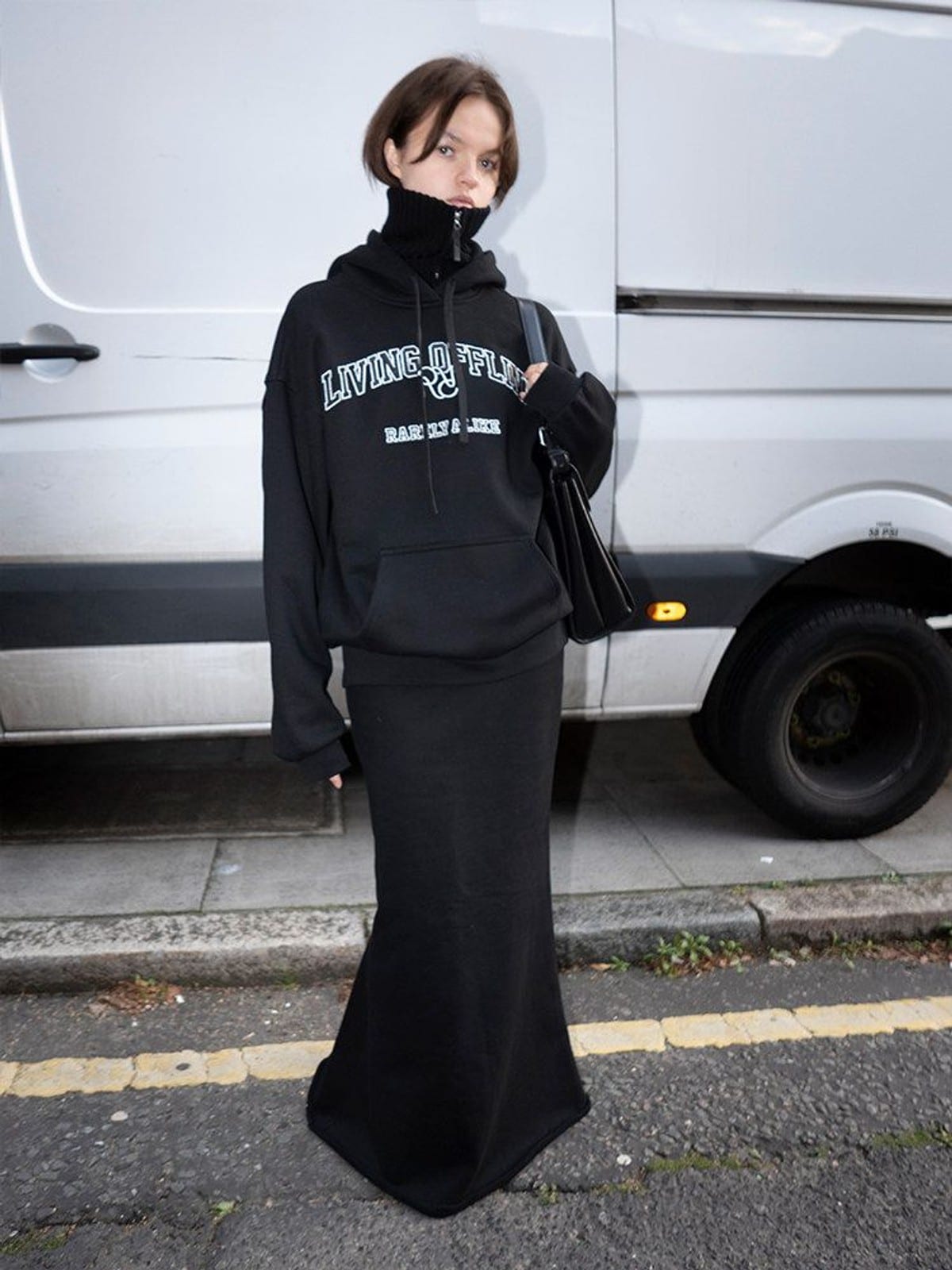 RARELY ALIKE Double Waistband Mermaid Maxi Skirt in Black - On Female Model