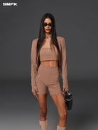 SMFK Scoop Neck Zip Up Sports Jacket in Brown - On Female Model