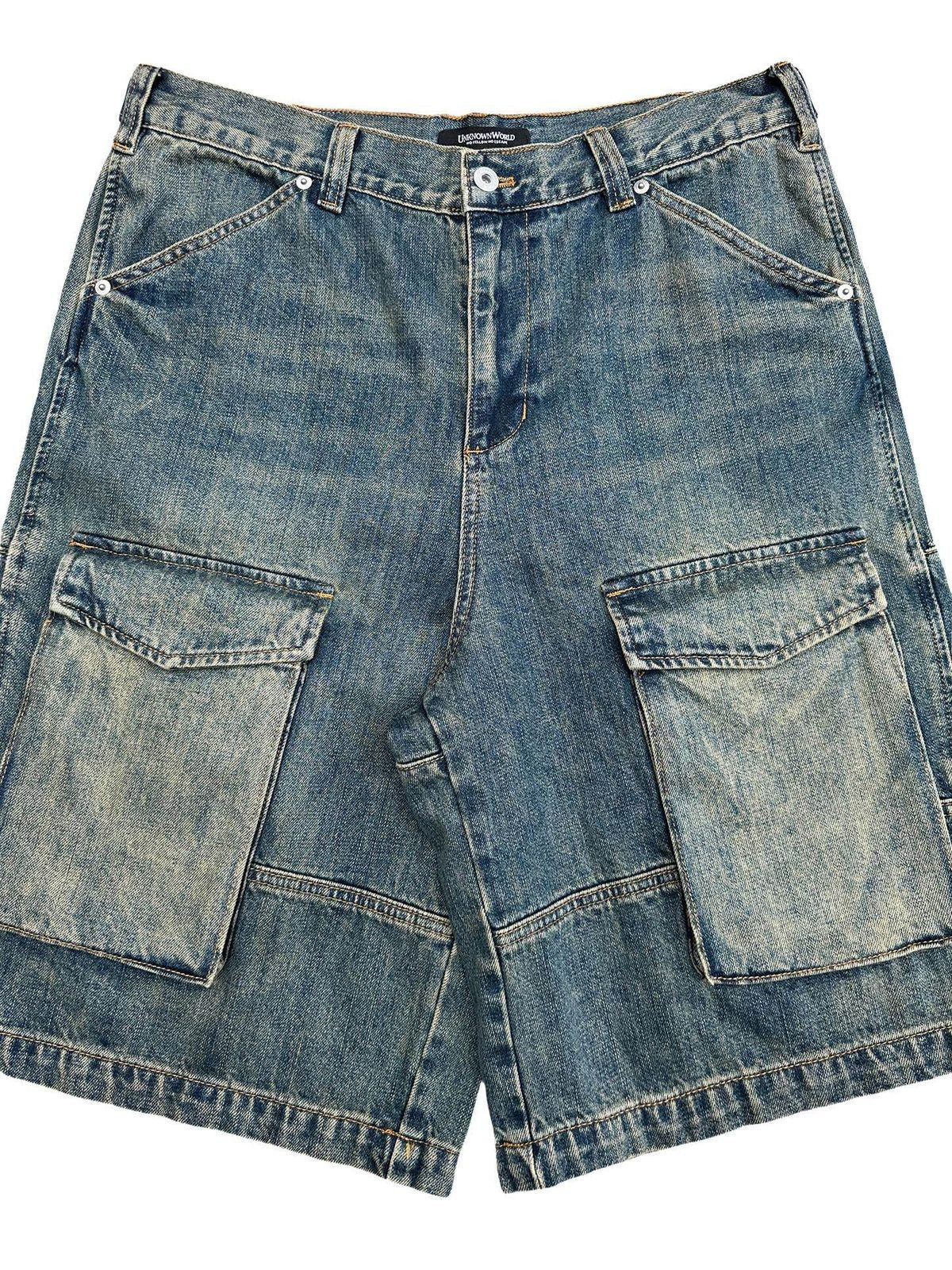 UNKNOWNWORLD Mud Dyed Multi Pocket Denim Shorts in Blue