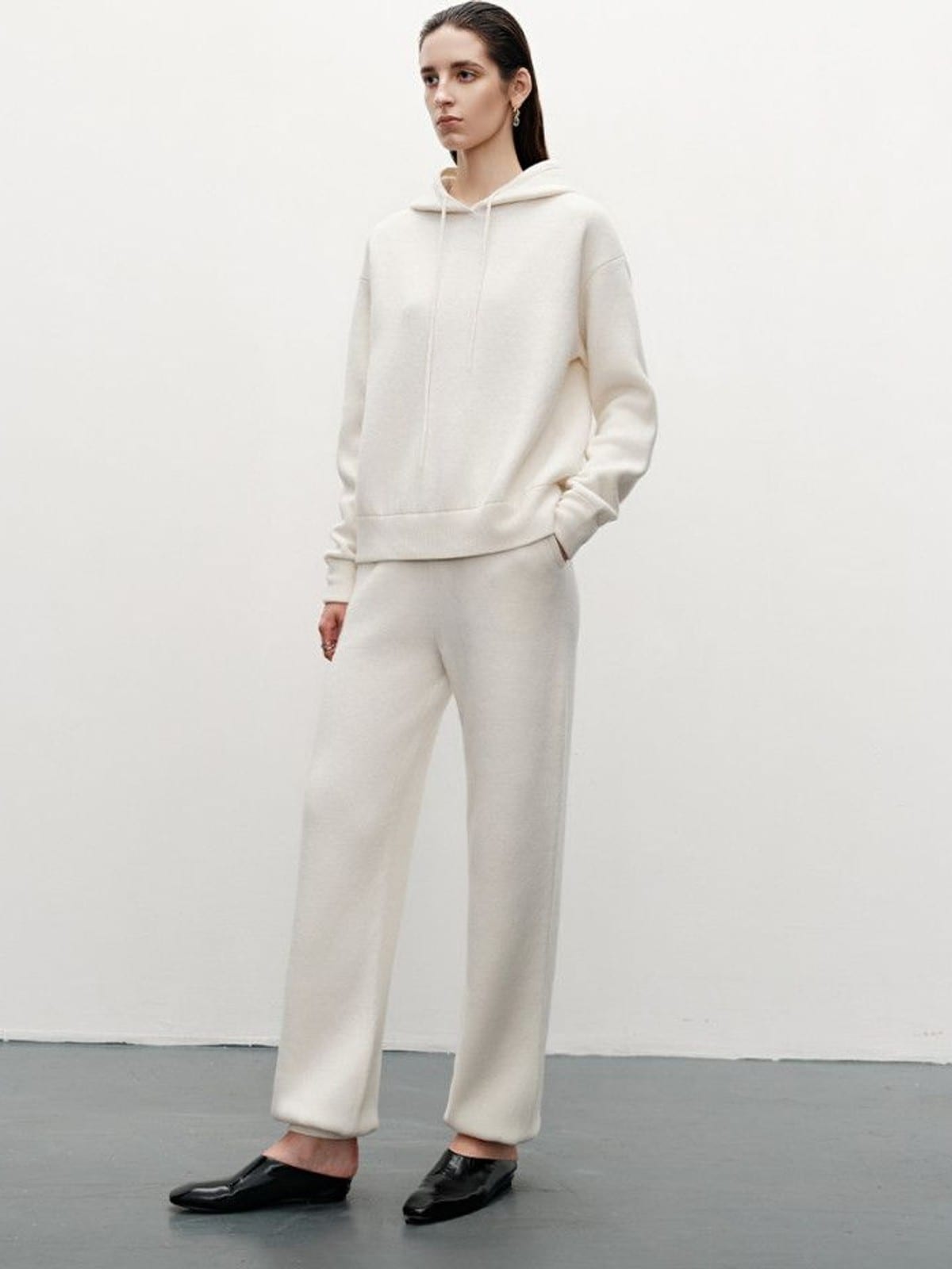 MSBEAST Merino Wool Hoodie Jogger Set in Cream - On Female Model