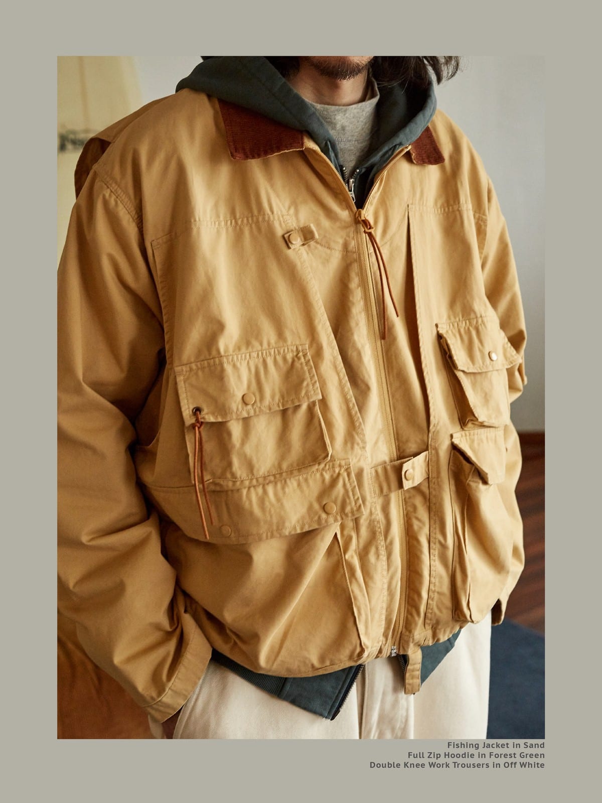 USAGE Corduroy Collar Cotton Fishing Jacket in Beige - On Male Model