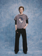 SOD Distressed Vintage Wash Portrait Tee in Purple - On Male Model