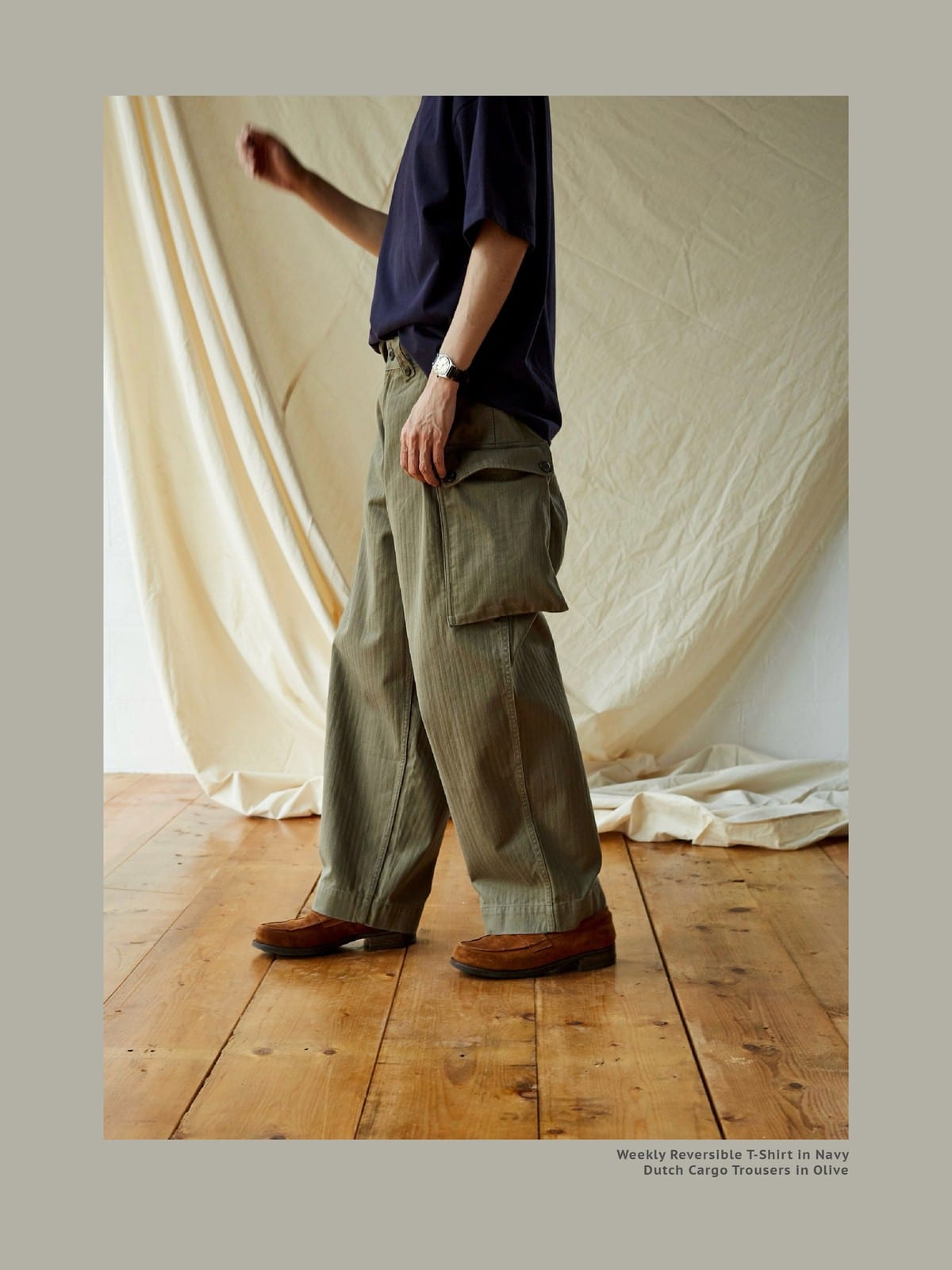 USAGE Heavyweight Herringbone Cargo Pants in Olive - On Male Model