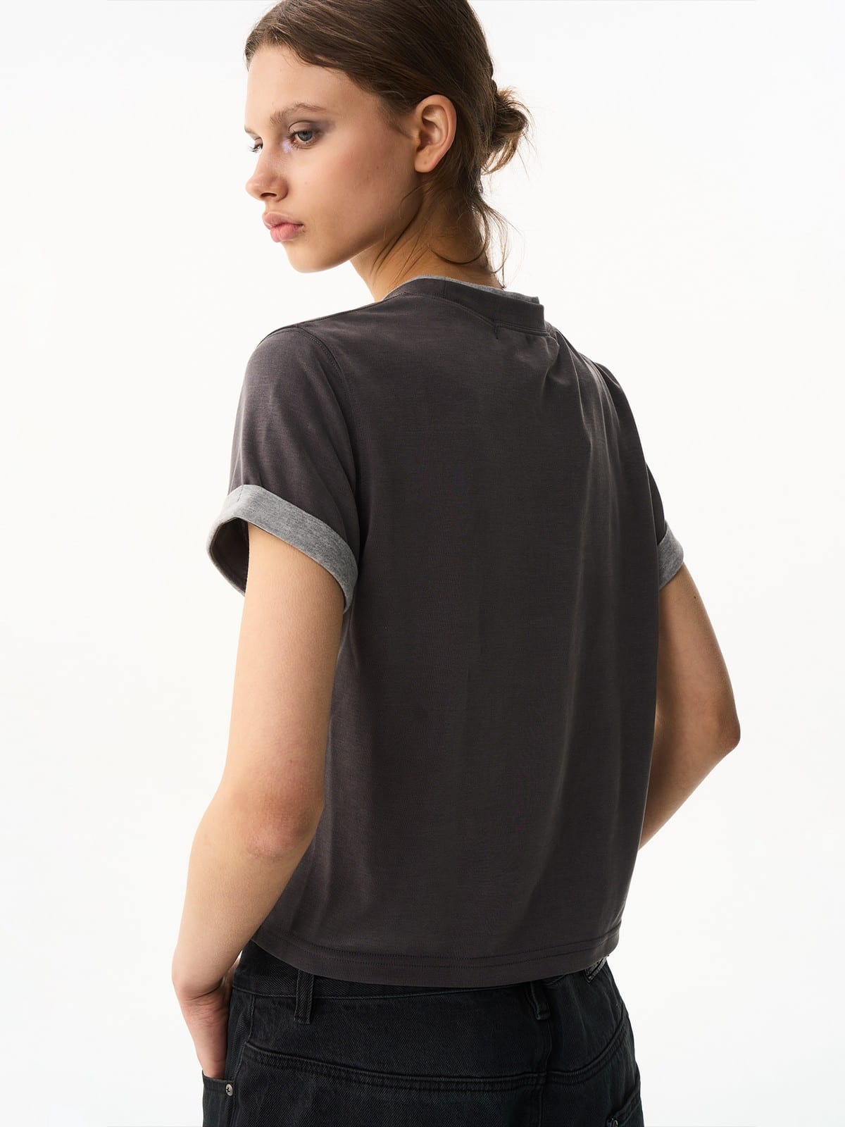 BLINDNOPLAN Embroidered Mock Two Piece T Shirt in Gray - On Female Model