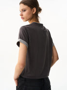 BLINDNOPLAN Embroidered Mock Two Piece T Shirt in Gray - On Female Model