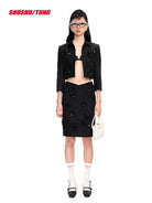SHUSHUTONG Embellished Wool Blend Cropped Jacket in Black - On Female Model