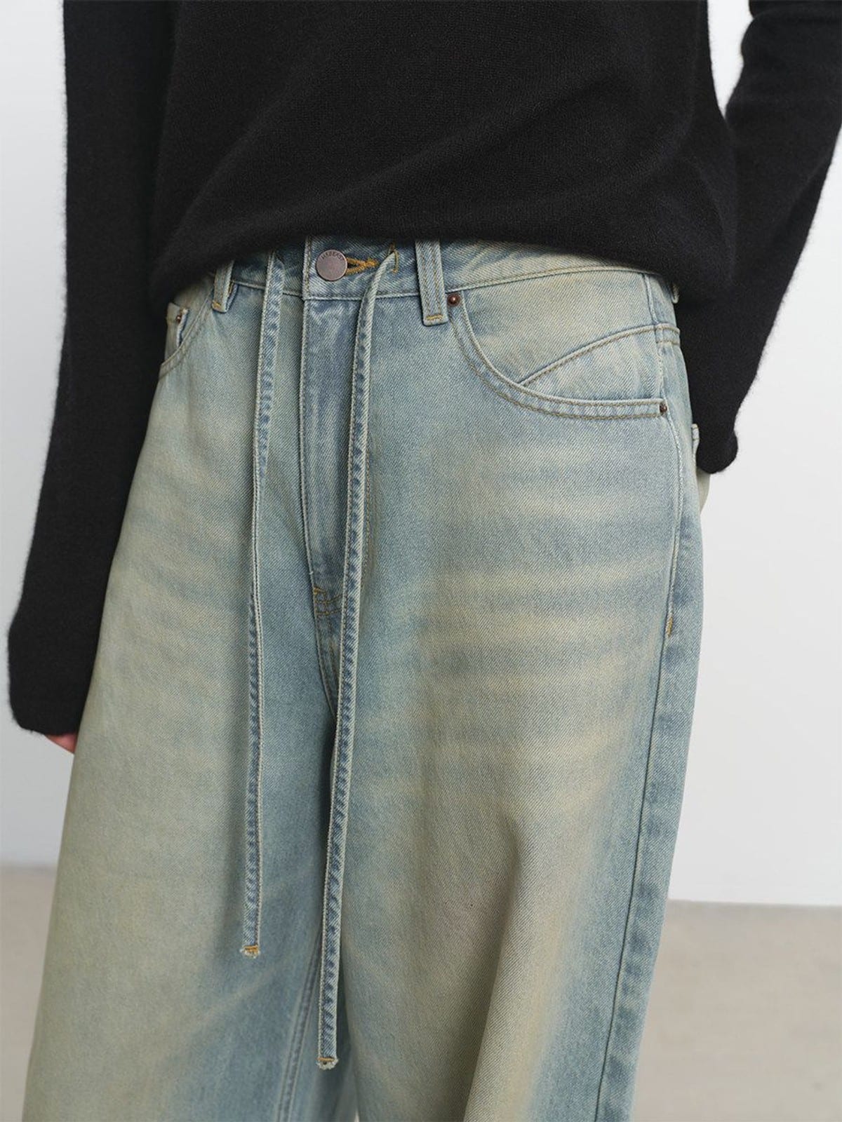 MSBEAST Dirty Wash Drawstring Wide Leg Jeans in Sky Blue - On Model