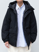 Soda Mid Length Hooded Down Puffer in Black - On Male Model