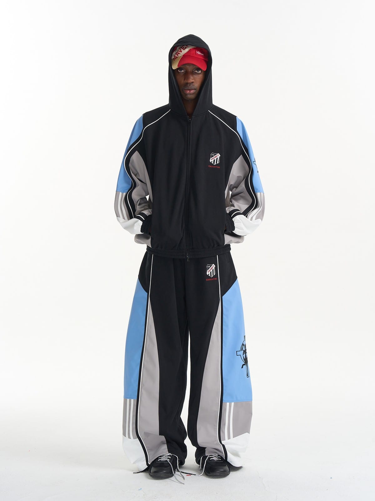 BLINDNOPLAN Color Blocked Hooded Track Jacket in Black - On Male Model