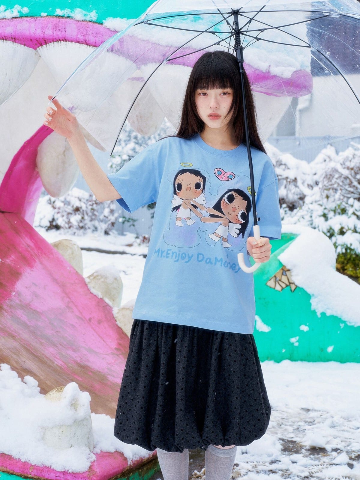 MEDM Embroidered Heart Cotton T Shirt in Sky Blue - On Female Model