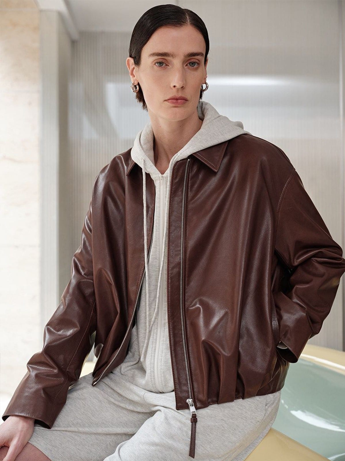 MSBEAST Gathered Hem Sheep Leather Jacket in Brown - On Female Model