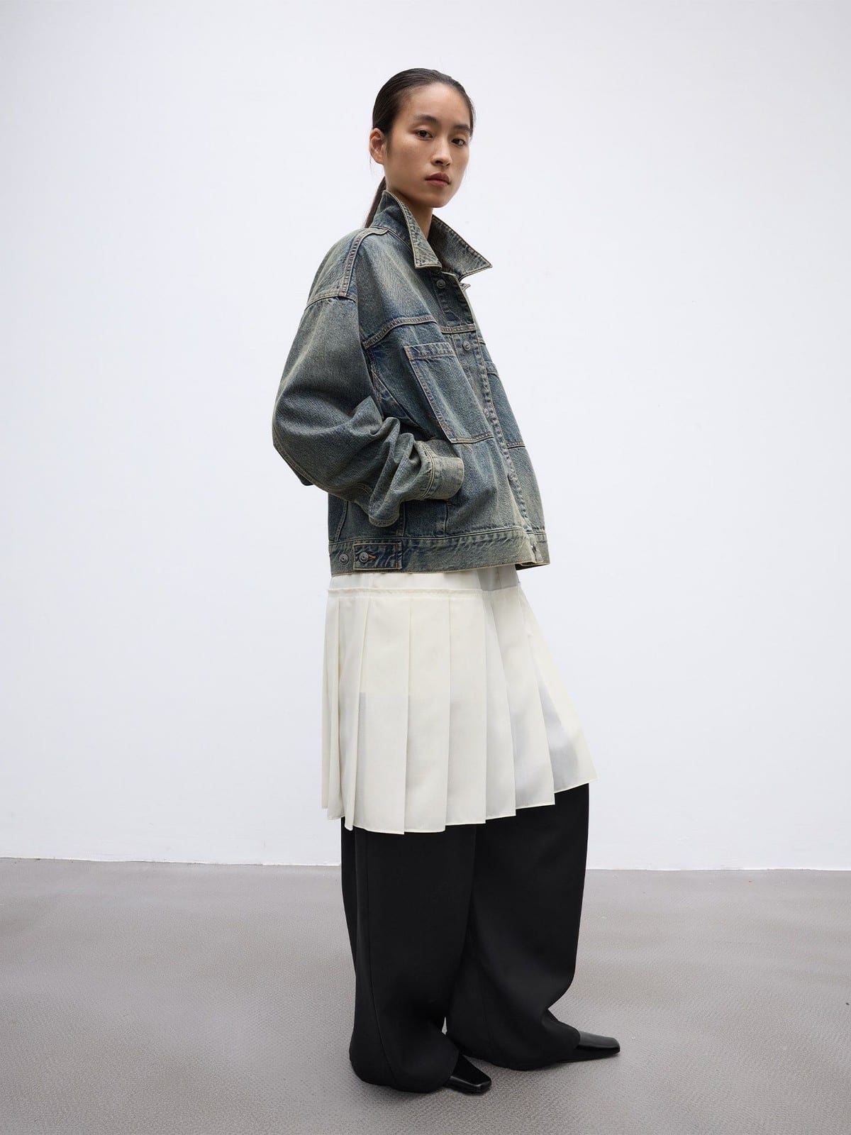 Random Piece Washed Cotton Cropped Denim Jacket in Denim - On Female Model