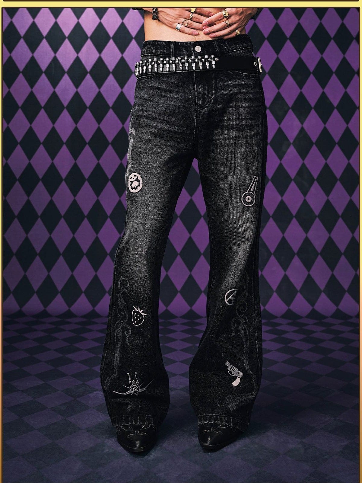 MEDM JoJo s Bizarre Adventure Distressed Jeans in Black - On Model