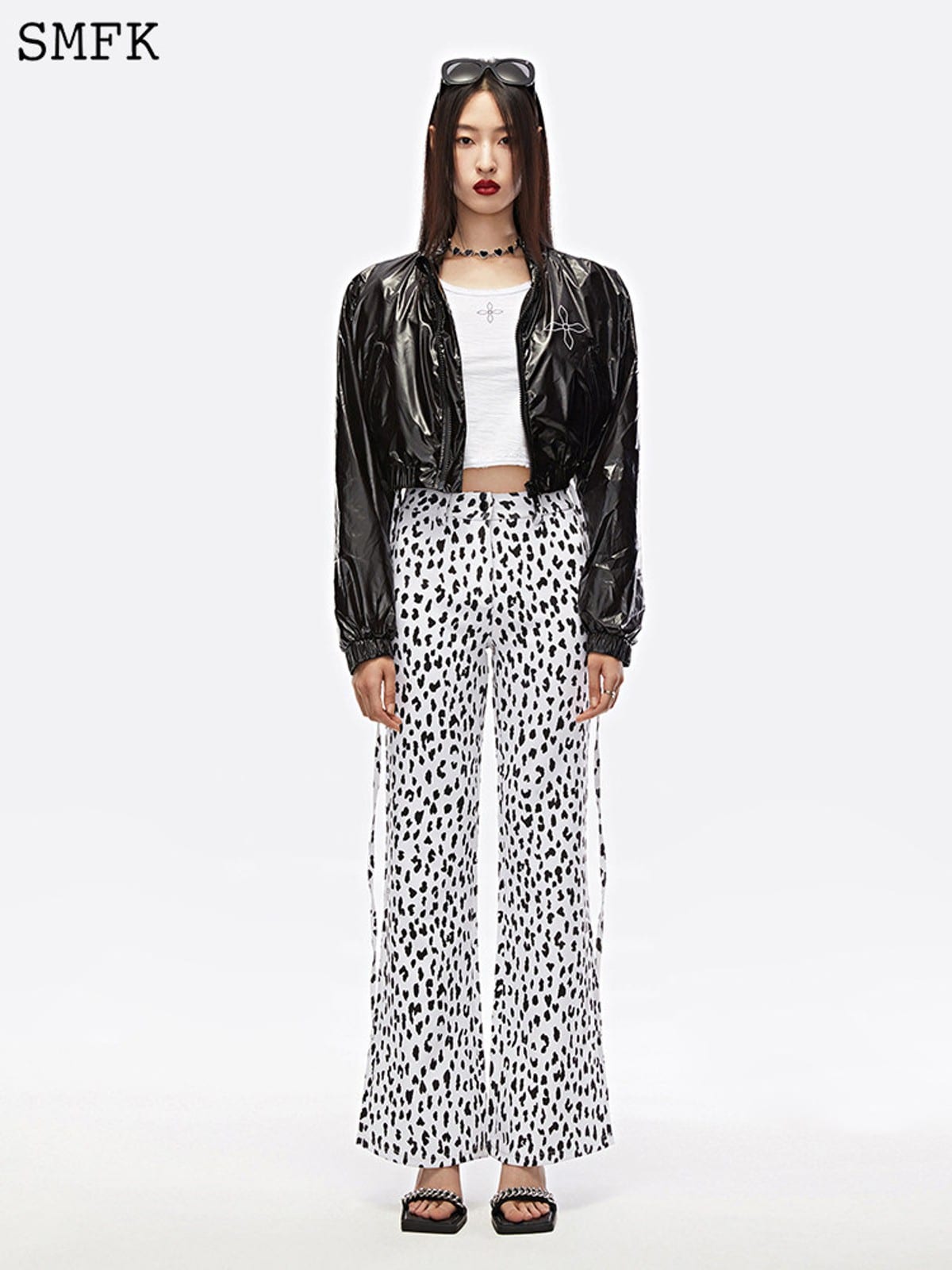 SMFK High Waisted Leopard Print Flared Pants in White - On Female Model