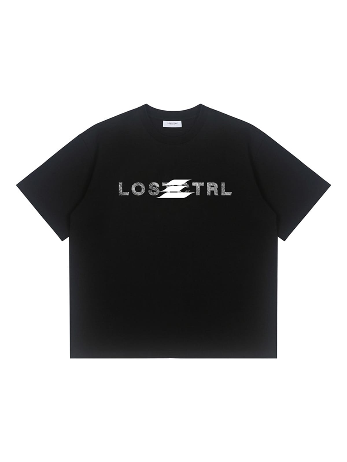 LOSTCTRL Distressed Logo Print Cotton T Shirt in Black