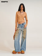 SMFK Distressed Dirty Wash Wide Leg Jeans in Denim - On Female Model