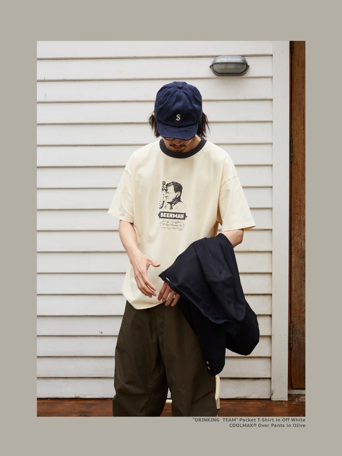 USAGE Graphic Cotton Ringer T Shirt in Cream - On Male Model