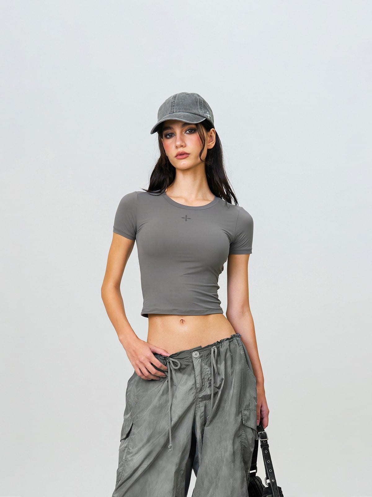 SMFK Washed Cotton Embroidered Baseball Cap in Gray - On Female Model
