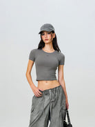 SMFK Washed Cotton Embroidered Baseball Cap in Gray - On Female Model