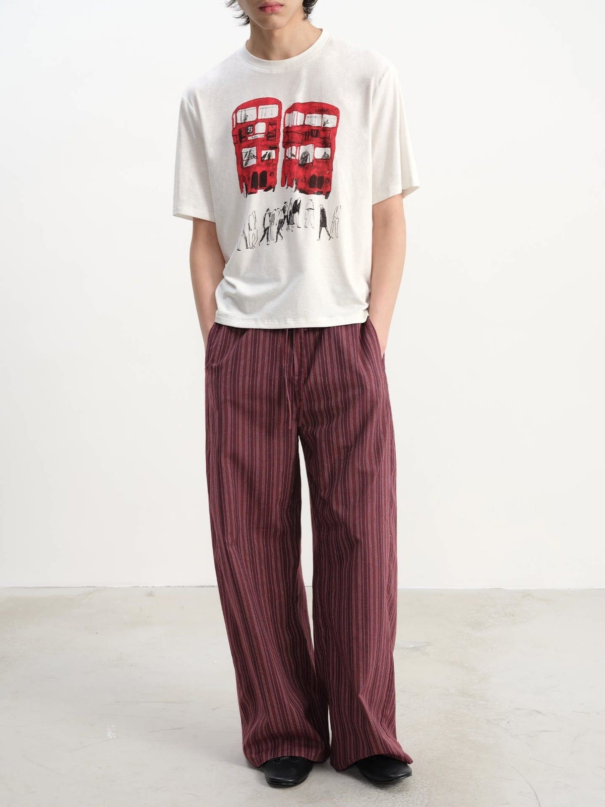 JCAESAR STUDIO Red Bus Print Short Sleeve T Shirt in White - On Male Model