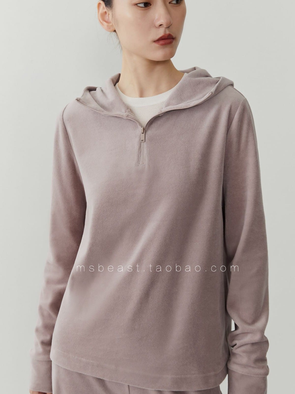MSBEAST Half Zip Hoodie Wide Leg Pants Set in Beige - On Female Model