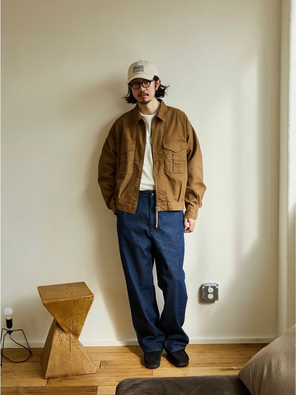 USAGE Heavyweight Canvas Cropped Workwear Jacket in Brown - On Male Model