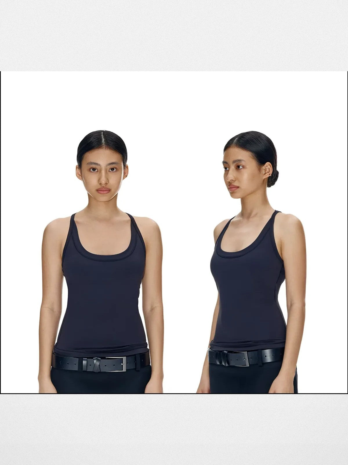 FaxCopyExpress Long U Cut Racer Tank in Black - On Female Model
