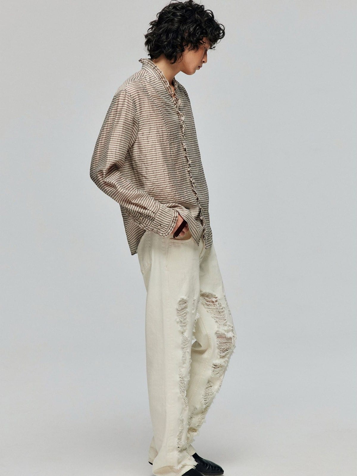 SIMPLE PROJECT Sheer Crinkled Plaid Ruffle Shirt in Khaki - On Male Model