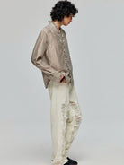 SIMPLE PROJECT Sheer Crinkled Plaid Ruffle Shirt in Khaki - On Male Model